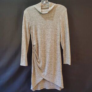 Vintage Y2K Marled Gray Knit Mini Dress Mock Turtleneck Ruching Curved Hem Sexy